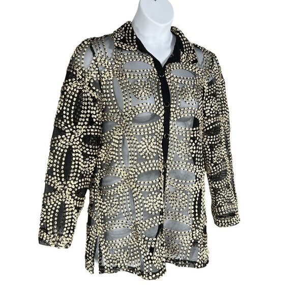 Chicos Travelers Collection 2/ L Black Sheer Gold Needle Stitch Button Up Jacket - Picture 8 of 16